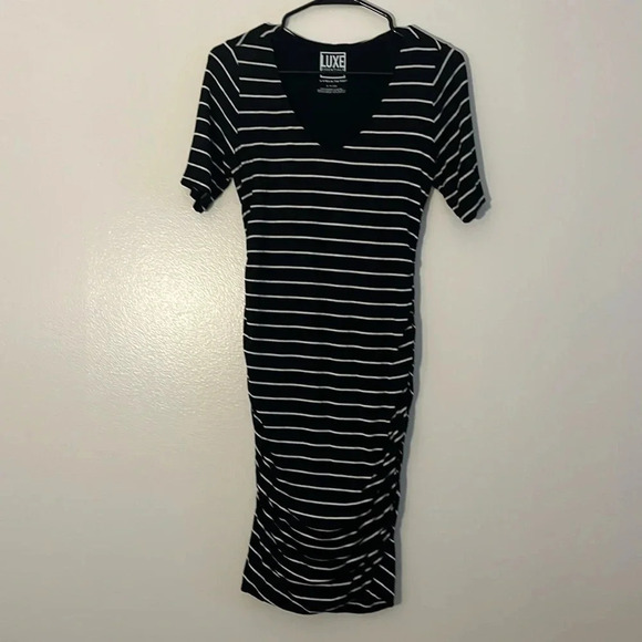 A Pea In The Pod Luxe | Maternity ruched black/cream stripe dress Size S stretch - Picture 1 of 5